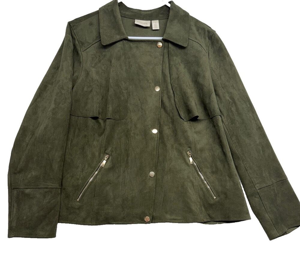 Chicos Faux Suede Jacket Womens Size 3 Asymmetrical Snap Button Green
